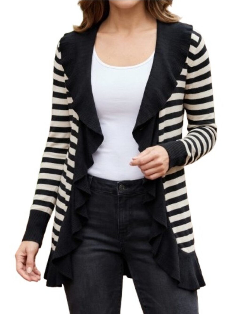 WHBM Striped Tunic Cardigan Sweater Black Cream Silk Blend Ruffle Metallic